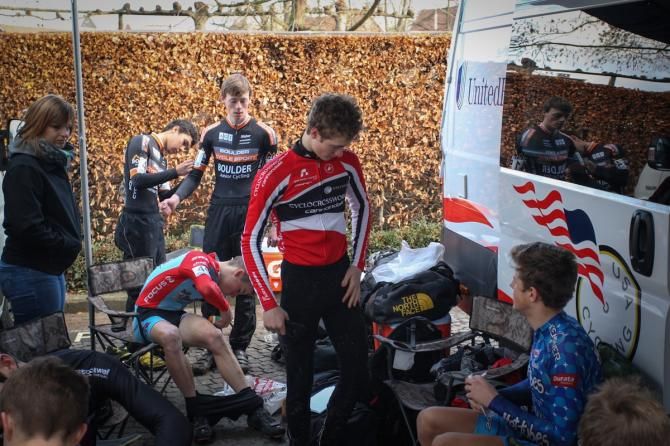 The Junior riders prepare for the race at Diegem and for once, they aren't doing it in the early morning twilight. Diegem is an evening race allowing the Juniors to start after noon. Riders from left to right Chris Key (Boulder Cyclo Sport Devo p/b BJC), Grant Ellwood( Boulder Cyclo Sport Devo p/b BJC), Ian McShane (Sophisticated Living p/b Bob's Red Mill) , Cooper Willsey (Cyclocrossworld.com) and Ethan Reynolds (Hot Tubes Development Racing Team)