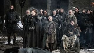Sophie Turner, Maisie Williams, Isaac Hempstead Wright, Rory McCann, and Liam Cunningham in Game of Thrones