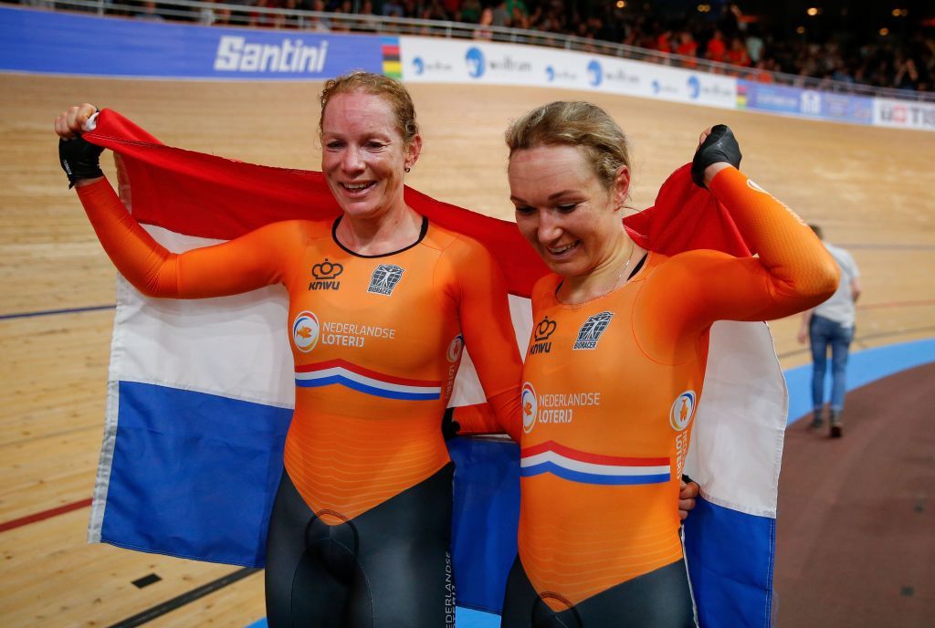 Netherlands Kirsten Wild and Netherlands Amy Pieters celebrate after the womens 30km Madison final at the UCI track cycling World Championship at the velodrome in Berlin on February 29 2020 Photo by Odd ANDERSEN AFP Photo by ODD ANDERSENAFP via Getty Images