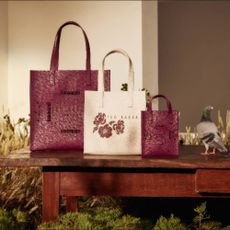 Photo of three Ted Baker bags on a desk next to a pigeon and field 