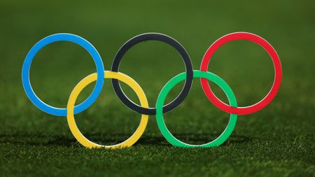 The Olympic rings seen at Le Golf National during Paris 2024