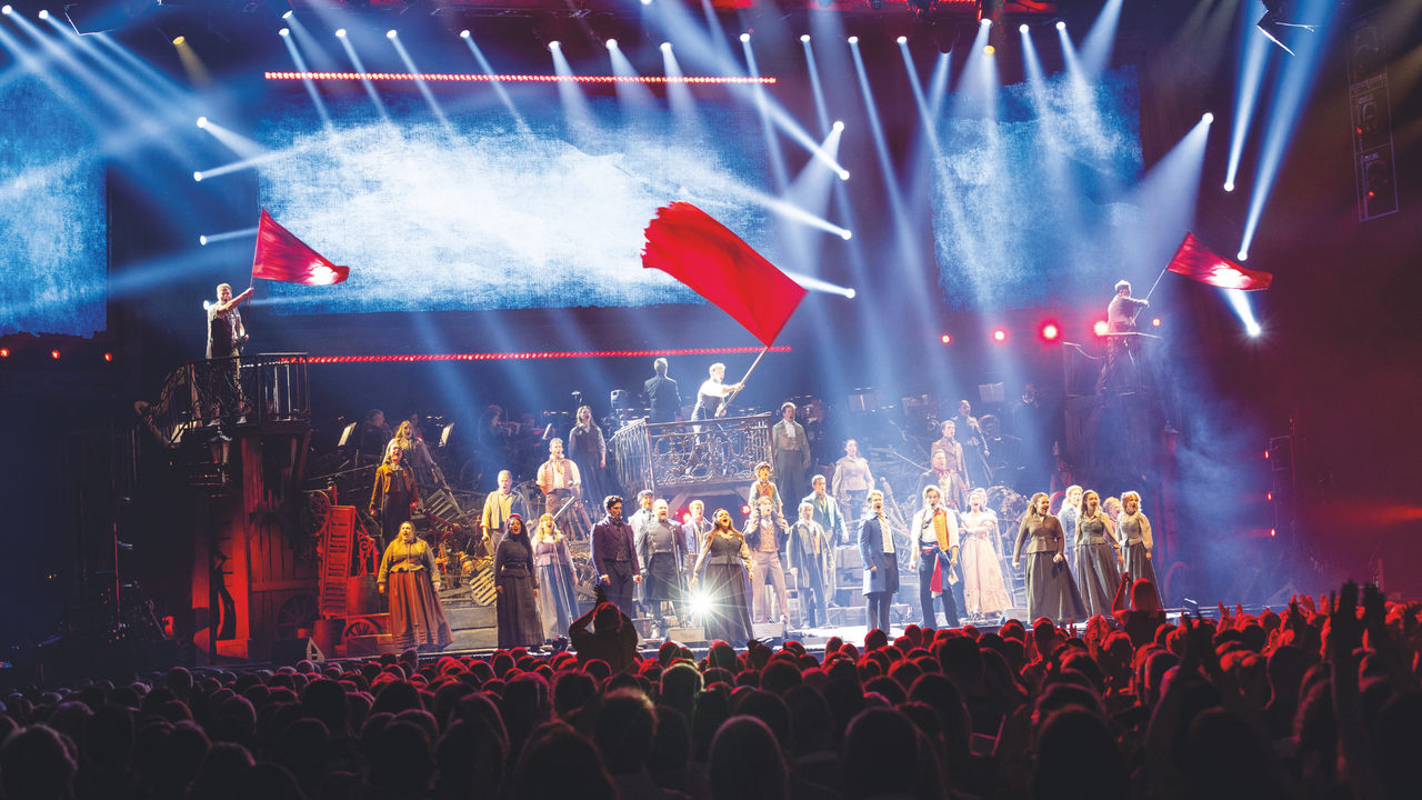 The cast of Les Miserables: The Arena Spectacular on stage in Glasgow