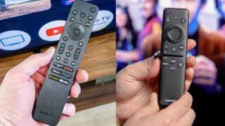 A side-by-side comparison of the latest remote controls from Samsung and Sony, each being held in front of a TV screen