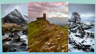 Three images, left, mountainscape under a moody sky, middle, church atop a hill under a pink sunset, right, a lone tree covered in snow by a lake 