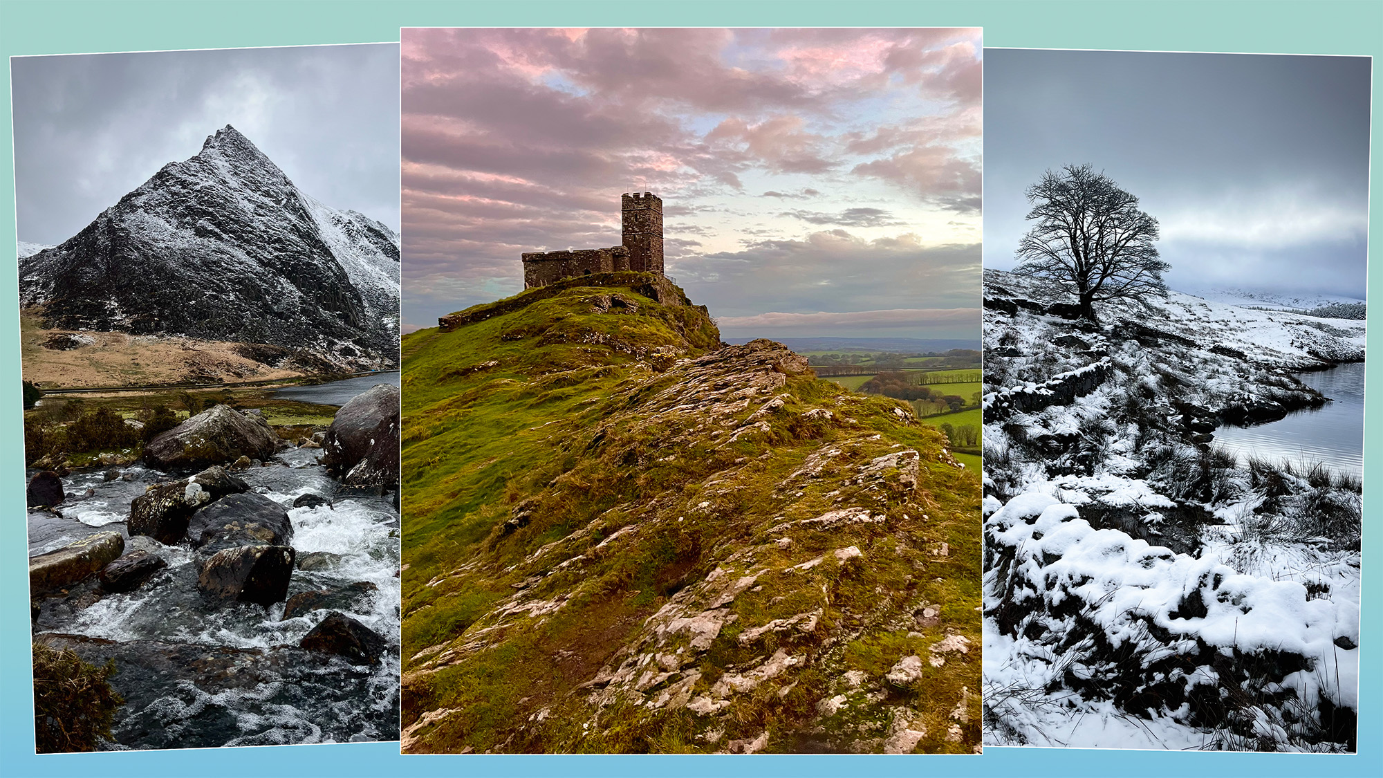 Three images, left, mountainscape under a moody sky, middle, church atop a hill under a pink sunset, right, a lone tree covered in snow by a lake