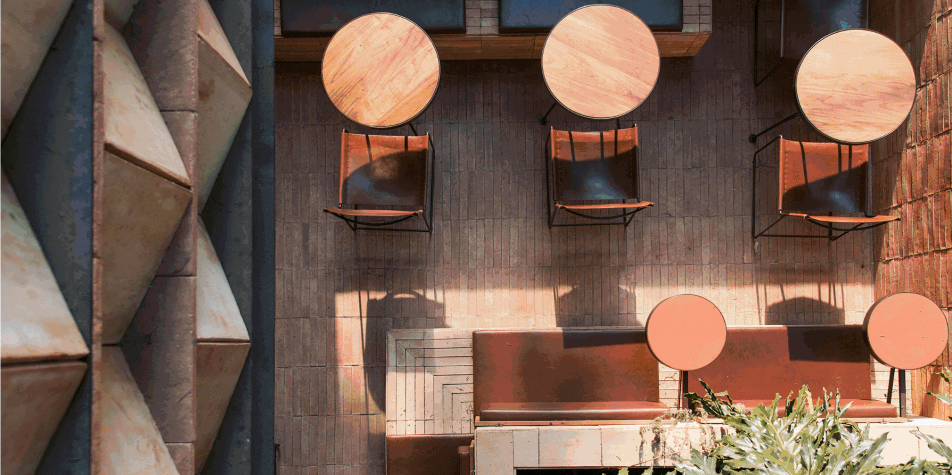 A recurring GIF spotlighting a series of art galleries, cafes, restaurants, and outdoor spaces with a tropical modernist look.