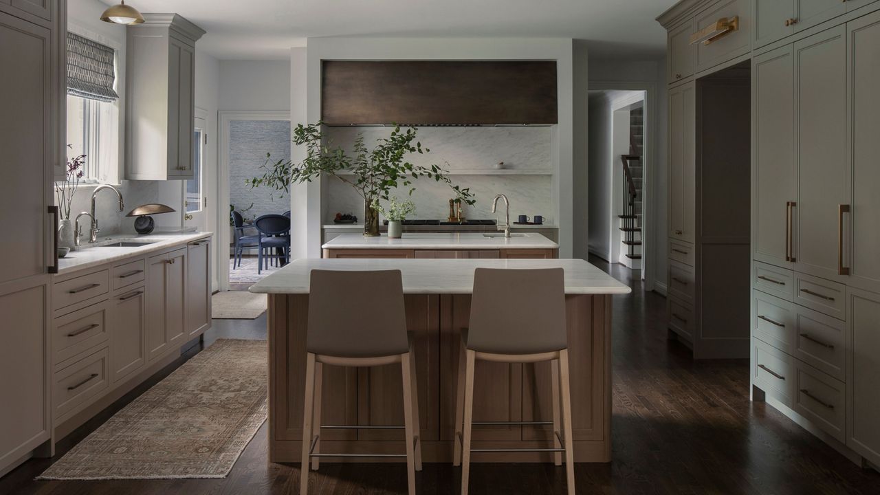 kitchen with olive green and cream cabinets