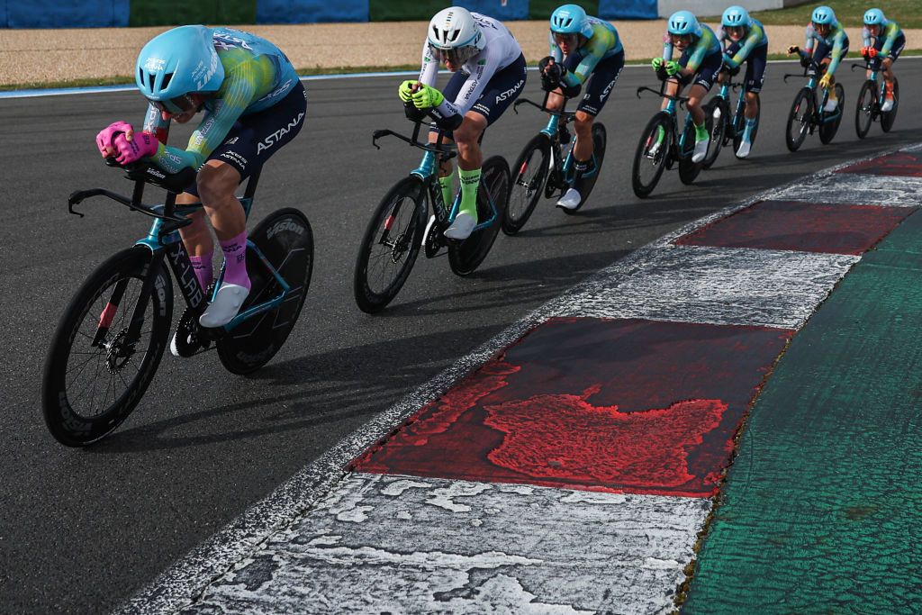 XDS Astana Team's riders cycle during the 3rd stage of the Paris-Nice cycling race, a 28,4 km team time trial between Nevers Magny-Cours Circuit and Nevers, on March 11, 2025. (Photo by Anne-Christine POUJOULAT / AFP)