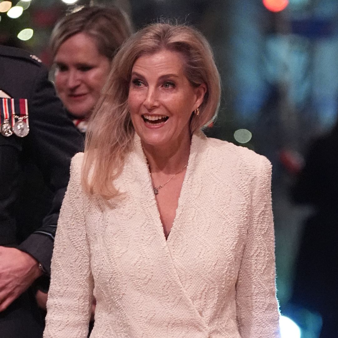 Sophie, Duchess of Wessex, wears a white jacket and a paisley skirt as she attends Kate Middleton&#039;s Christmas Carol Concert