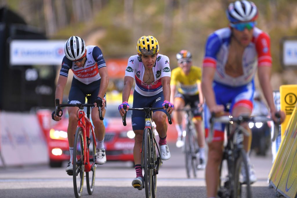 VALDEBLORE LA COLMIANE FRANCE MARCH 14 Arrival Sergio Andres Higuita of Colombia and Team Ef Education First White Best Young Jersey Vincenzo Nibali of Italy and Team Trek Segafredo during the 78th Paris Nice 2020 Stage 7 a 1665km stage from Nice to Valdeblore La Colmiane 1500m Paris Nice 2020 final stage as part of the fight against the spread of the Coronavirus ParisNice parisnicecourse PN on March 14 2020 in Valdeblore La Colmiane France Photo by Luc ClaessenGetty Images