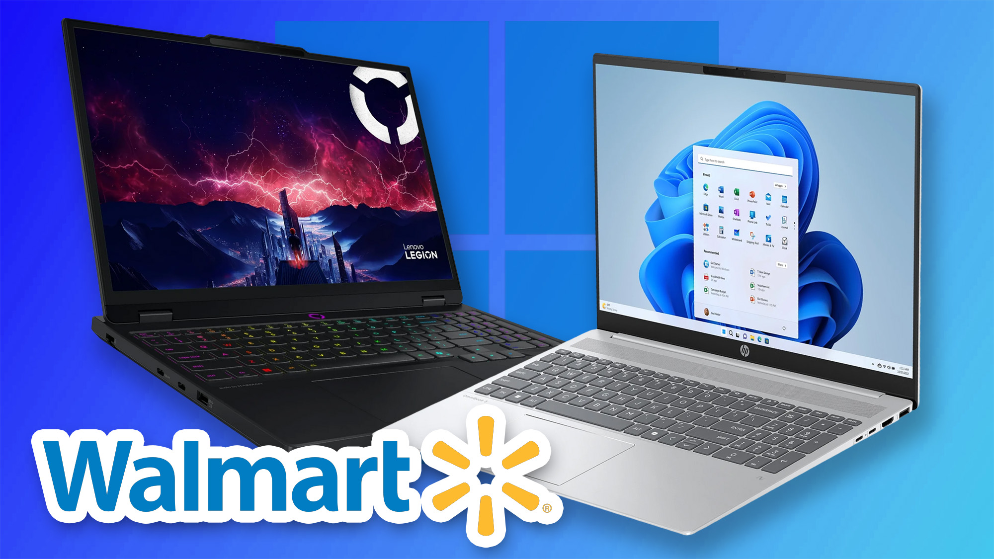 Lenovo Legion 5 and HP OmniBook 5 laptops with Walmart and Windows 11 logos on a blue background.