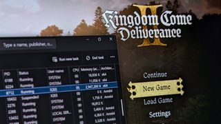 Kingdom Come: Deliverance II on PC with Windows 11 Task Manager highlighting x64 process among Arm64 equivalents