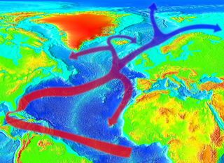 The Gulf Stream (red line in the center) impacts weather on both sides of the Atlantic.
