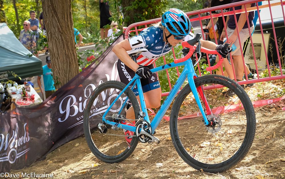 Katie Compton (Trek Panache) running the steepest climb.