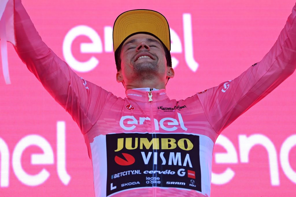 Primoz Roglic wears the maglia rosa after winning the stage 20 time trial at the Giro d&#039;Italia