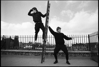 Portrait of Suggs (L) and Chas Smash on the roof of Stiff Records in Camden Town