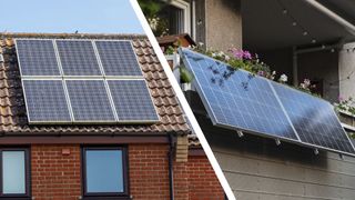 A house with solar panels on the roof, next to a balcony solar kit