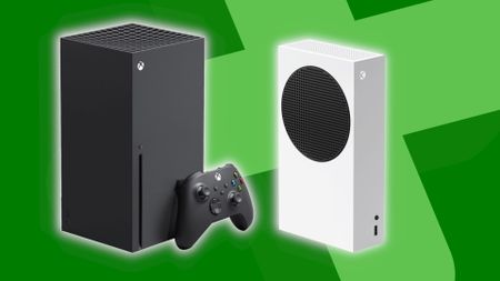 Xbox Series X and Xbox Series S consoles on a green background
