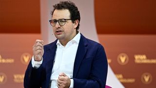 Anthropic CEO Dario Amodei pictured on stage at the Vivatech technology start-ups and innovation fair, at the Porte de Versailles exhibition center in Paris, on May 22, 2024..