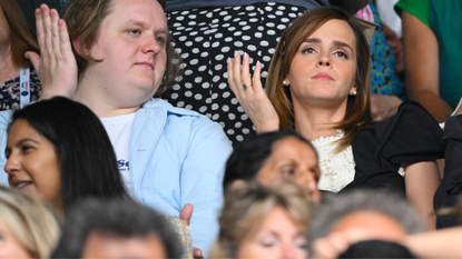 Lewis Capaldi and Emma Watson attend day thirteen of the Wimbledon Tennis Championships at All England Lawn Tennis and Croquet Club on July 15, 2023 in London, England. 