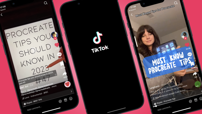 Three phones, two showing screengrabs of TikTok art tip videos and one showing the TikTok startup scteen