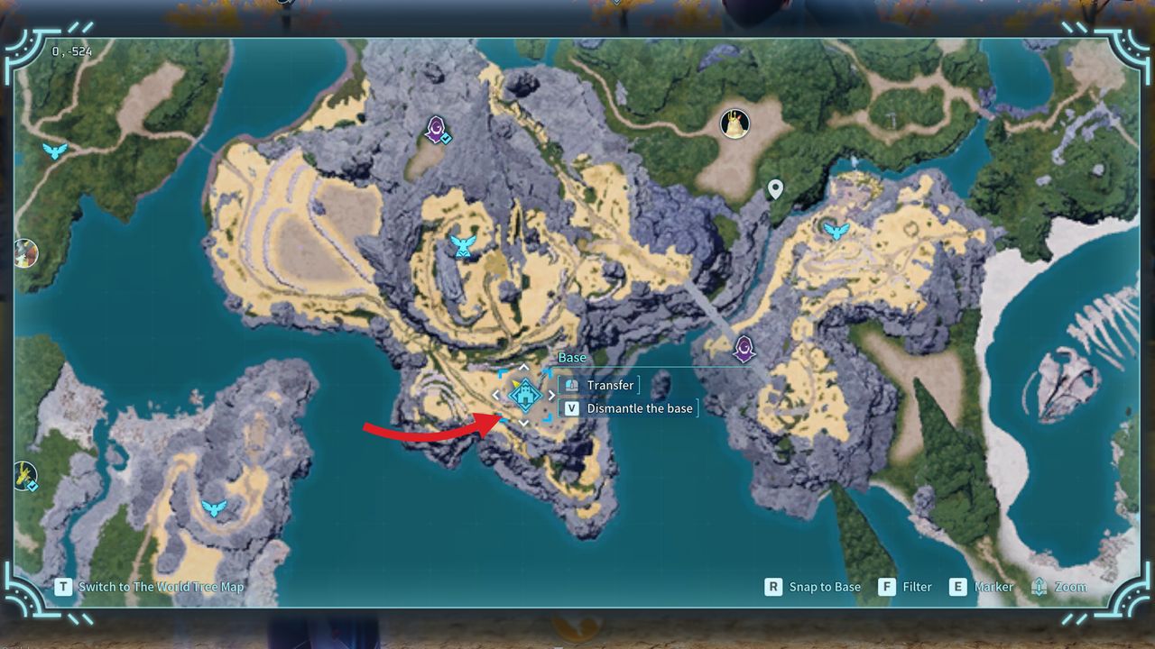 The Palworld map highlighting a starting base location in Golden Hills.