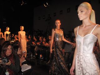Sheer dresses completely covered in intricate leather cut-outs