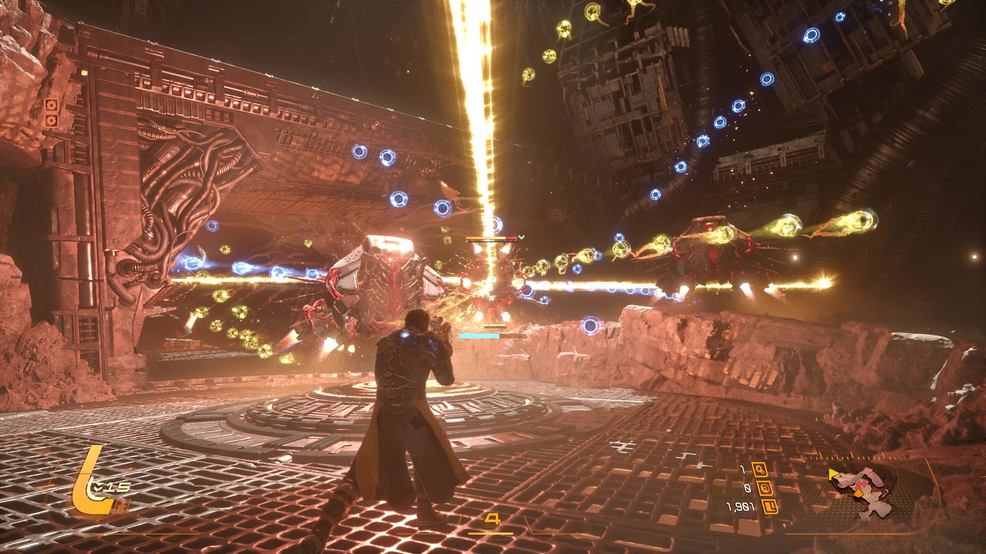 Arjun blasts through the Ancient Depths in Saros, an abandoned, mechanical mining environment, while avoiding orbal energy blasts