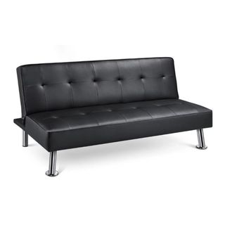 A black faux leather sofa bed in the upright position, with a white background.