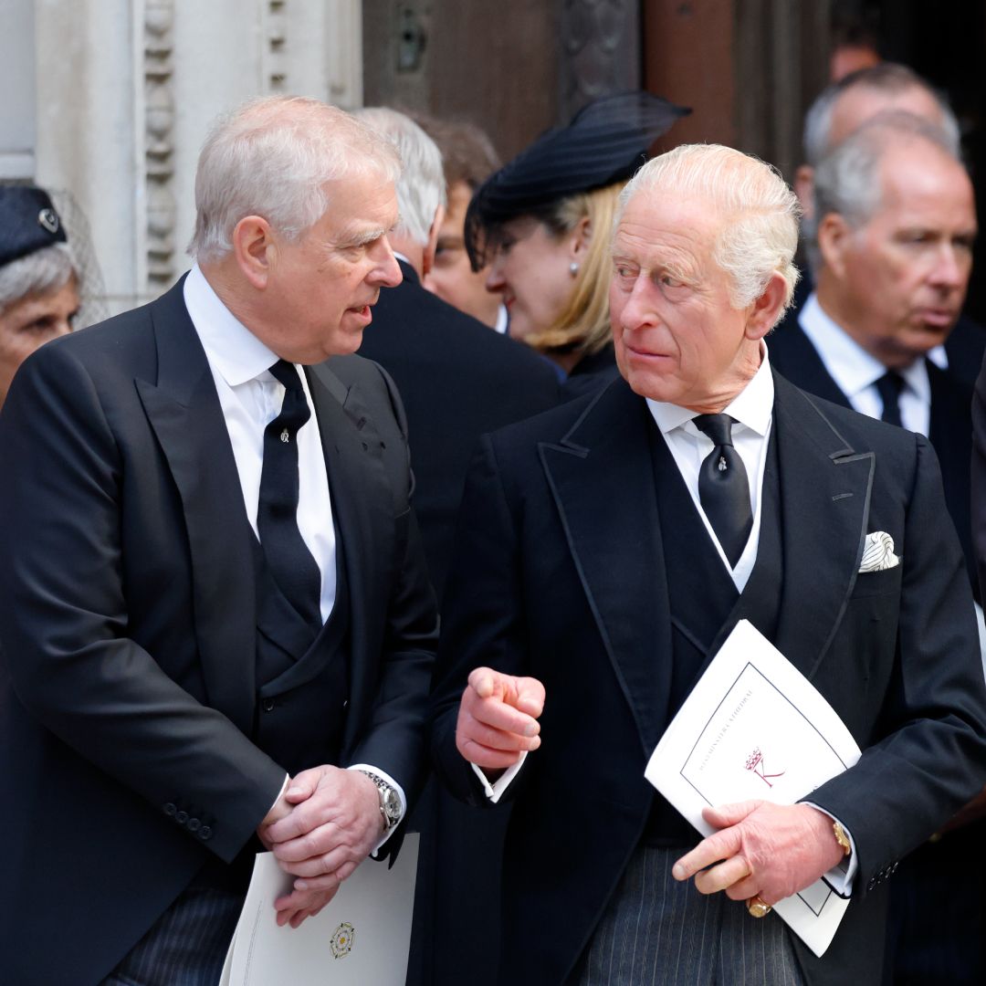 Andrew Mountbatten-Windsor standing with King Charles and Prince William at the Duchess of Kent's funeral