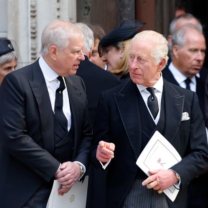 Andrew Mountbatten-Windsor standing with King Charles and Prince William at the Duchess of Kent's funeral