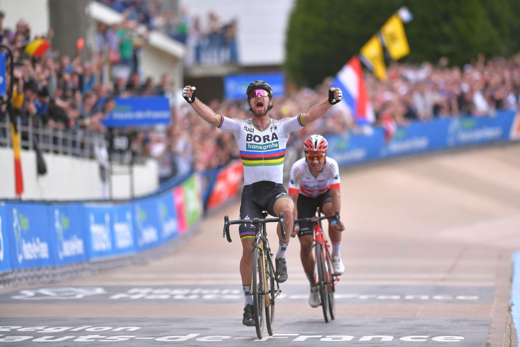 ROUBAIX, FRANCE - APRIL 08: Arrival / Peter Sagan of Slovakia and Team Bora - Hansgrohe / Celebration / Silvan Dillier of Switzerland and Team AG2R La Mondiale / Track Roubaix Velodrome / during the 116th Paris - Roubaix 2018 a 257km race from Compiegne to Roubaix on April 8, 2018 in Roubaix, France. (Photo by Tim de Waele/Getty Images)