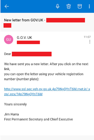 Screenshot on mobile of the fraudulent GOV.UK phishing email
