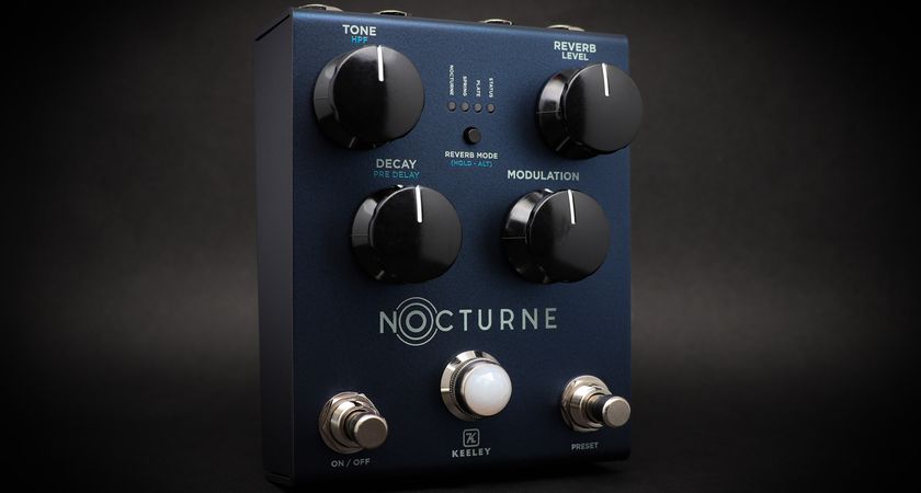 Keeley Electronics Nocturne: this new stereo reverb is the latest signature pedal for Andy Timmons and has a dark metallic blue enclosure with a similar control surface to his Halo Core pedal.