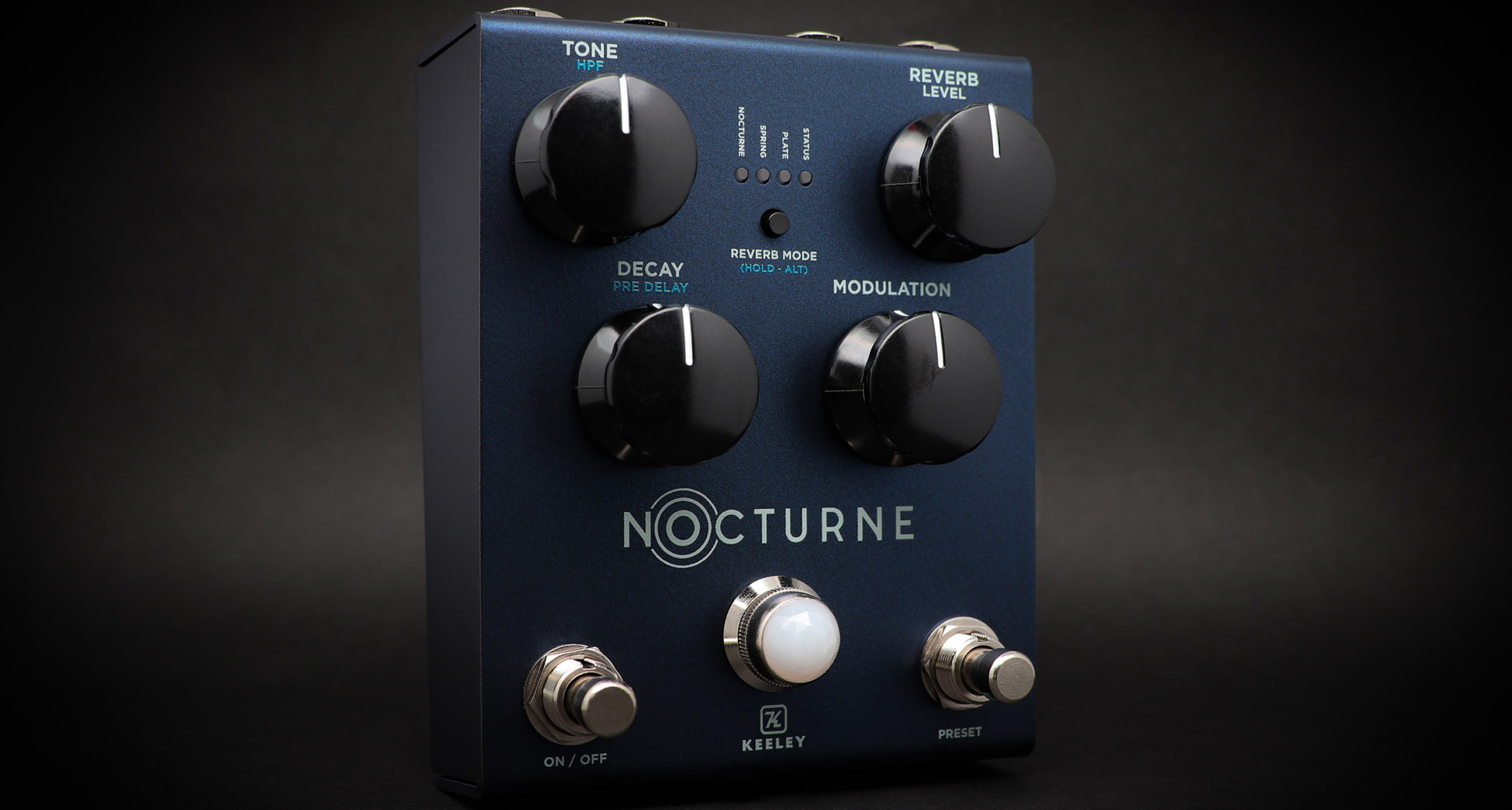 Keeley Electronics Nocturne: this new stereo reverb is the latest signature pedal for Andy Timmons and has a dark metallic blue enclosure with a similar control surface to his Halo Core pedal.