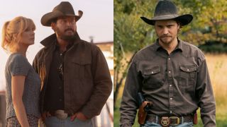 From left to right: Kelly Reilly and Cole Hauser standing together as Beth and Rip in Dutton Ranch and Luke Grimes as Kayce Dutton in Marshals. 