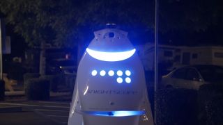 A YouTube screenshot from a video demonstrating the Knightscope K5 security robot