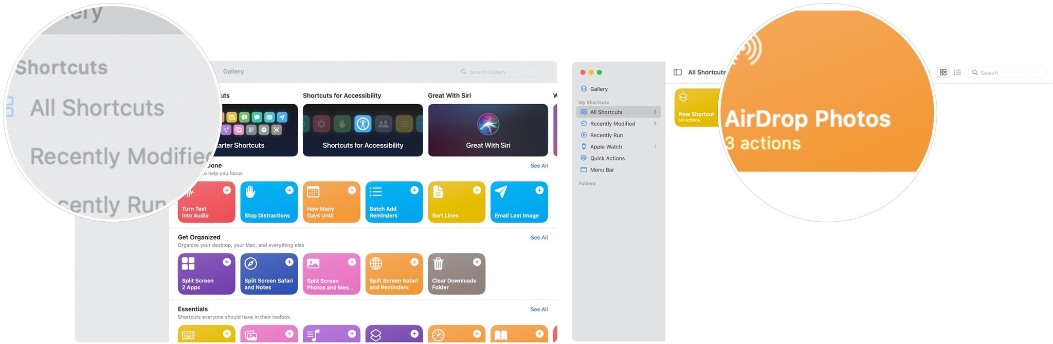 To share shortcuts with other Apple users, open the Shortcuts app on Mac, then choose All Shortcuts.
