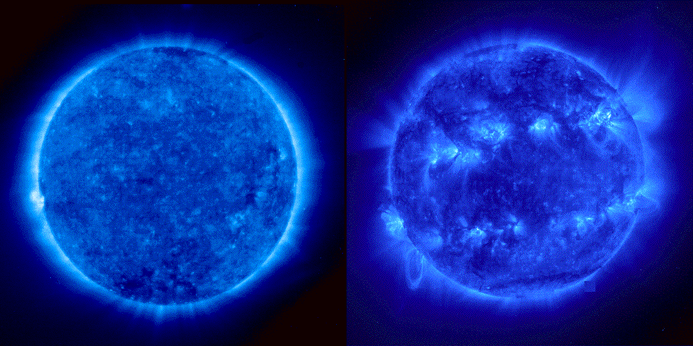 These two images of the sun taken in ultraviolet illustrate the changes in solar activity over the period of two years.
