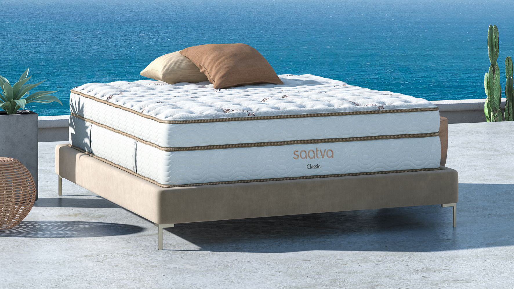 best mattress: The Saatva Classic mattress photographed outside against a deep blue sea