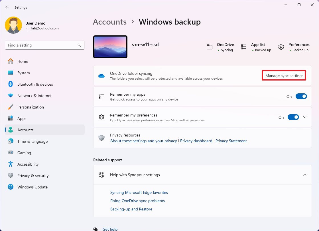 Windows backup settings