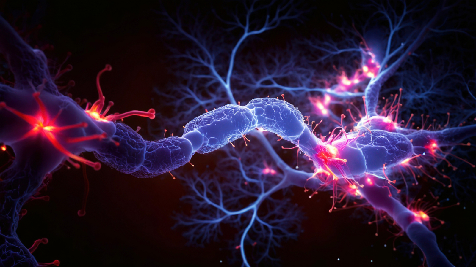 3d rendered image of Neuron cell network on black background. Interconnected neurons cells with electrical pulses. Conceptual medical image.