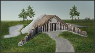 3D-reconstruction and visualization of the long barrow southwest of Durrington Walls (view towards the entrance from the northeast) just before the wooden mortuary building was completely covered by material excavated from ditches dug along the long sides