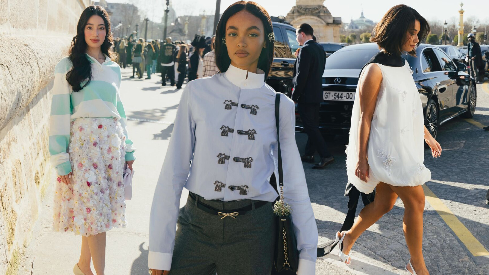 three guests at the Dior Fall 2026 fashion show model the best street style of Paris Fashion Week