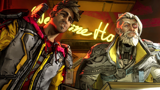 The vault hunter and Zane look, intrigued, at the sight of something off-screen in Borderlands 4.