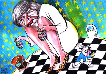 Political Cartoon World Brexit deal Theresa May Alice in wonderland