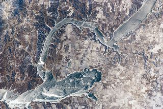 ISS image shows ice covering North Dakota's Lake Sakakawea.