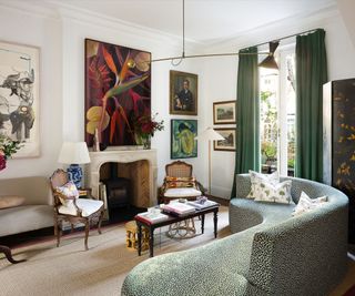 Living room scheme featuring a leopard print sofa