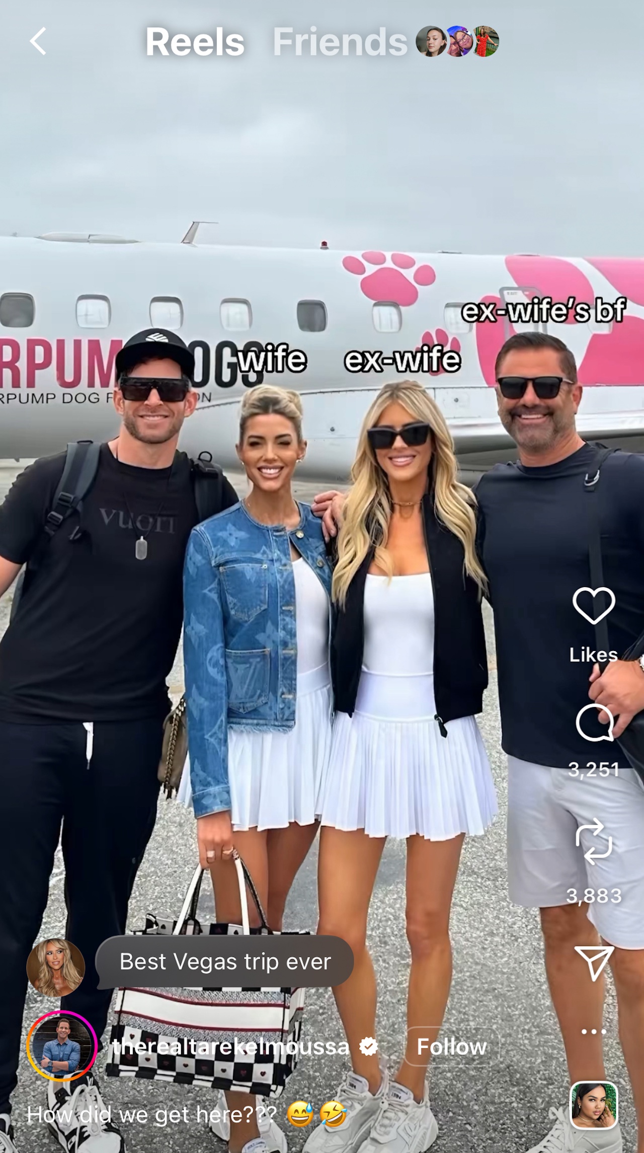 tarek el moussa, heather rae el moussa, christina haack and chris larocca in front of an airplane