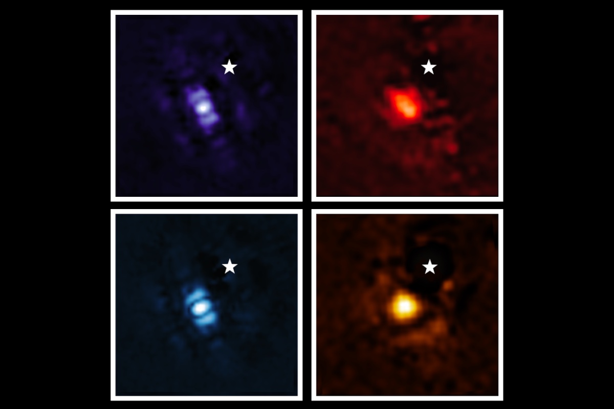 Four images of an alien planet in blue, red, purple and yellow colors